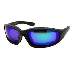 Foam Padded Goggle Sunglasses Wrap Around Biker Matte Black Mirror Lens UV400