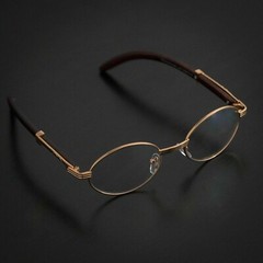 Hip Hop Men’s Clear Lens Vintage Oval Gold Frame Retro Wood Grain Glasses