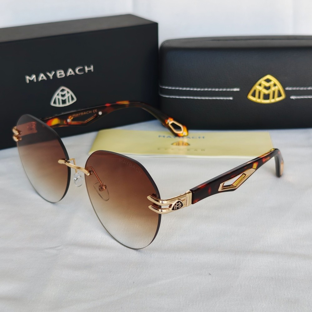 MAYBAC* Rimless Sunglasses Brown Gradient Lens Tortoise Gold Temples with Case