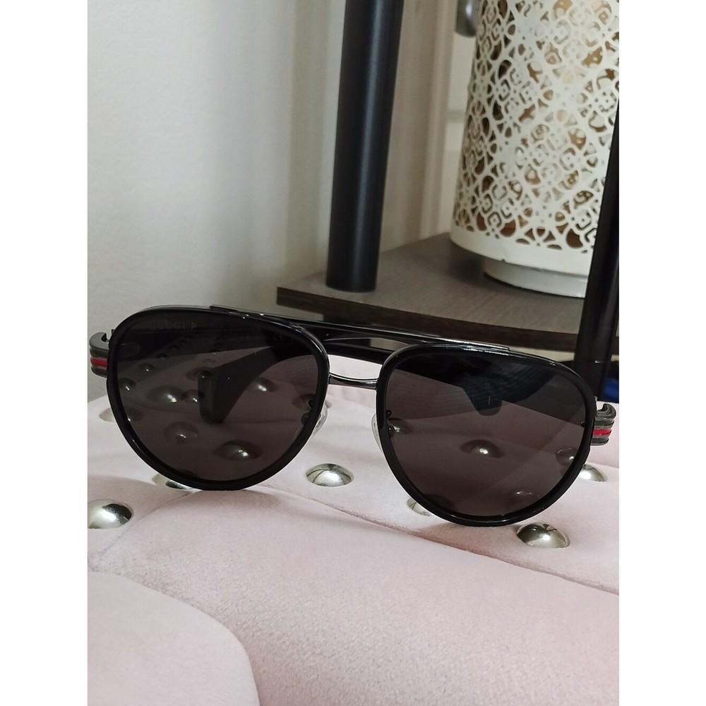 Gucci GG0447S 001 Black Aviator Sunglasses with Green and Red Temple Stripes