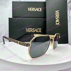 VERSACE Sunglasses Gold 54mm Metal Rectangle Greca Logo Retro Authentic New