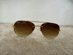 Ray-Ban RB3791 Rimless Aviator Sunglasses, Gold Frame, Brown Gradient Lens
