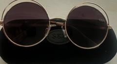Men’s Round Sunglasses Gold Metal Frame Purple Tinted Plastic Lenses Solid
