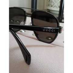 Gucci GG0447S 001 Black Aviator Sunglasses with Green and Red Temple Stripes