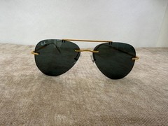 Ray-Ban RB3791 Rimless Aviator Sunglasses, Gold Frame, Solid Green Lens