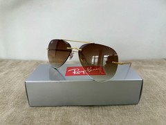 Ray-Ban RB3791 Rimless Aviator Sunglasses, Gold Frame, Brown Gradient Lens