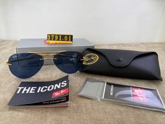 Ray-Ban RB3791 Rimless Aviator Sunglasses, Gold Frame, Solid Blue Lens