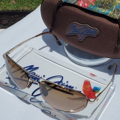 Maui Jim “PILOT” 210-16 RARE Gloss Gold STAINLESS STEEL Wrap Frame/Bronze Lenses