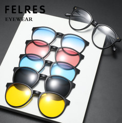 5 in 1 Magnetic Clip On Polarized Sunglasses Men Women Round Glasses Frames New
