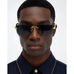 Mens Rimless Rectangle Sunglasses Gold Wood Grain Frame Grey Lens Luxury Style
