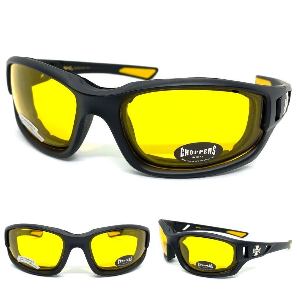 Men’s MOTORCYCLE Riding Padded Safety Protective Yellow Lens SUN GLASSES GOGGLES