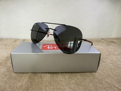 Ray-Ban RB3791 Rimless Aviator Sunglasses, Matte Black Frame, Solid Dark Black