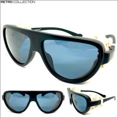 Mens RETRO STEAMPUNK Cyber SUN GLASSES Goggles Black Frame Cream Leather Blinder