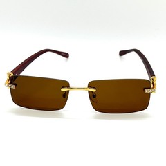 Rimless Sunglasses Wood Grain Frame Gold Accents Brown Lens Men Buffs Hip Hop