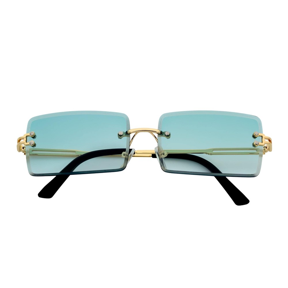 PREMIERE – Luxury 90s Small Metal Rimless Rectangle Sunglasses Gold Green Tint