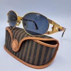 FENDI Vintage Sunglasses FS293 Gold Tortoise Shell FF Logo Blue Tint Lens