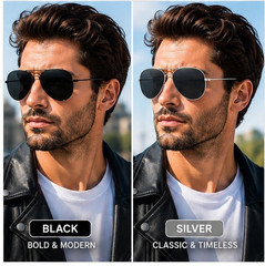 2 Pack Men’s Aviator Sunglasses Black & Silver UV400 Metal Frame Classic
