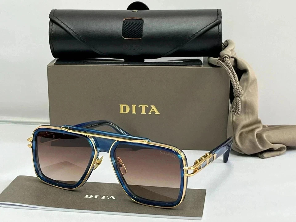 Dita LXN-EVO DT DTS403-WTI-GLD-57 Matte BlUE/ Gold Metal Sunglasses Yellow Lens