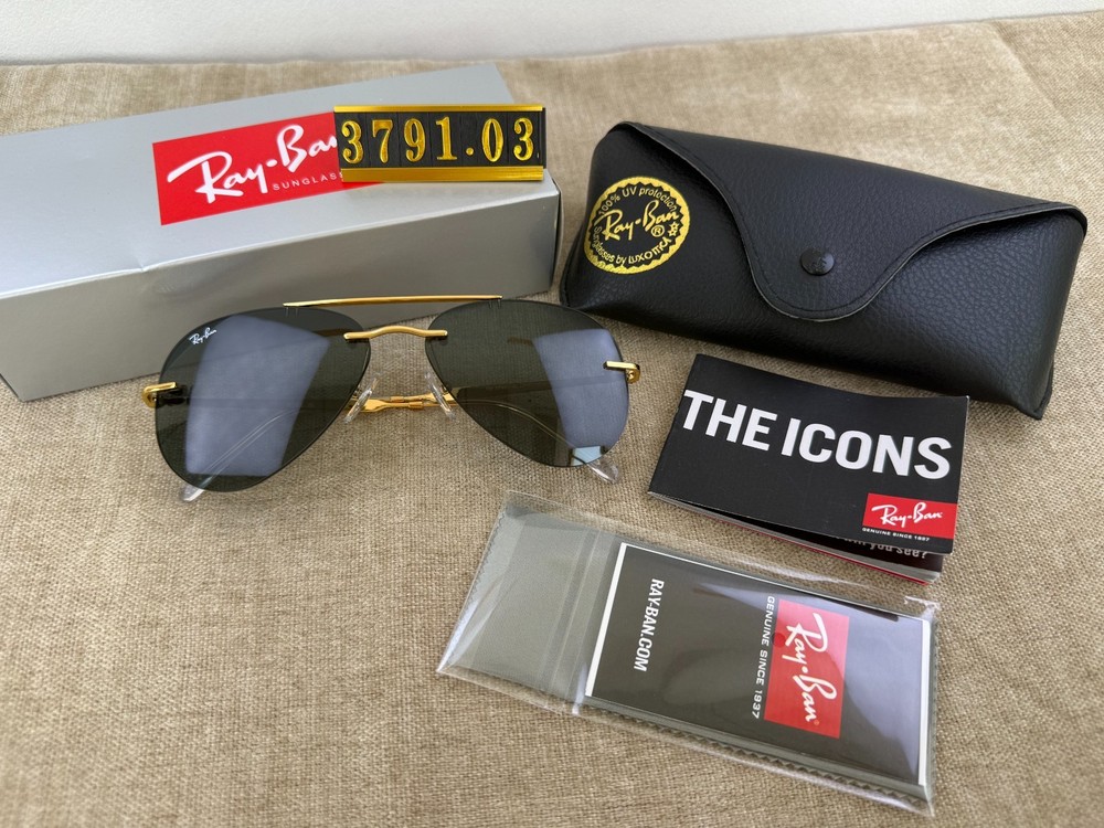 Ray-Ban RB3791 Rimless Aviator Sunglasses, Gold Frame, Solid Green Lens