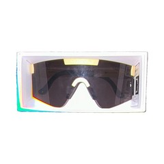 Unisex Shield Wraparound Sunglasses Beige Plastic Frame Black Tinted Lens Box