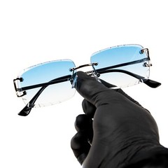 Men’s Rimless Luxury Hip Hop Baby Blue Tint Silver Frame Rectangle Sunglasses