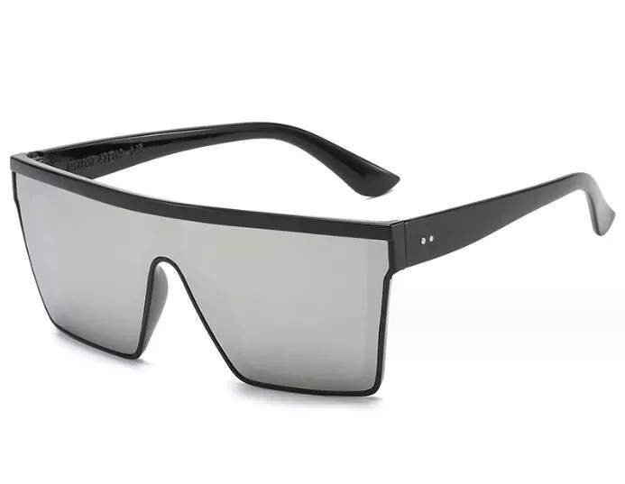 Modern Shield Sunglasses, Large Flat Top Black Frame Silver Mirror Single Lens