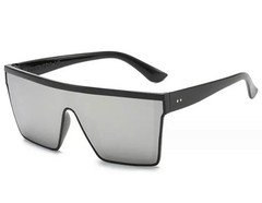Modern Shield Sunglasses, Large Flat Top Black Frame Silver Mirror Single Lens