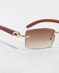 Men’s Rimless Sky Blue Tint Rectangular Vintage Wood Grain Gold Frame Retro Sung