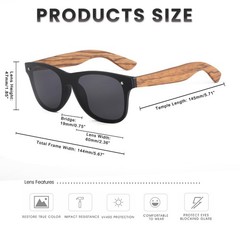 Wood Sunglasses for Men Square Sunglasses with Wooden Arms Mirrored Dark Shad…