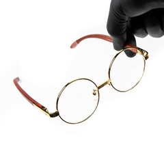 ​Men’s Wood Grain Round Gold Frame Hip Hop Circle Buffs Clear Lens Glasses