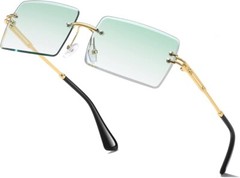 Men Vintage Rimless Small Rectangular Gold Frame Dark Blue Lens Tint Sunglasses