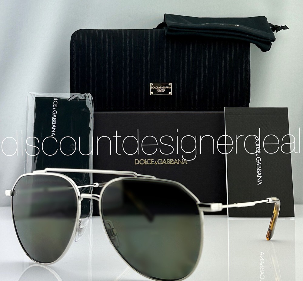 DOLCE & GABBANA Aviator Sunglasses DG2296 05/9A Silver Frame Green Polarized 58