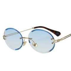 Vintage Gold Rimless Oval Cut Round Mens Sky Blue Tint Polarized Sunglasses