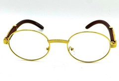 Men’s Hip Hop Clear Lens Vintage Oval Gold Frame Retro Wood Grain Glasses