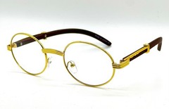 Men’s Hip Hop Clear Lens Vintage Oval Gold Frame Retro Wood Grain Glasses