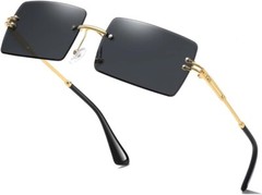 Men Vintage Rimless Small Rectangular Gold Frame Dark Blue Lens Tint Sunglasses