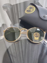 Ray-Ban RB3447 Round Metal Glod Frame Mirror Dark Green Lenses Sunglasses