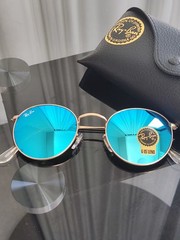 Ray-Ban RB3447 Round Metal Glod Frame Mirror Ice Blue Lenses Sunglasses