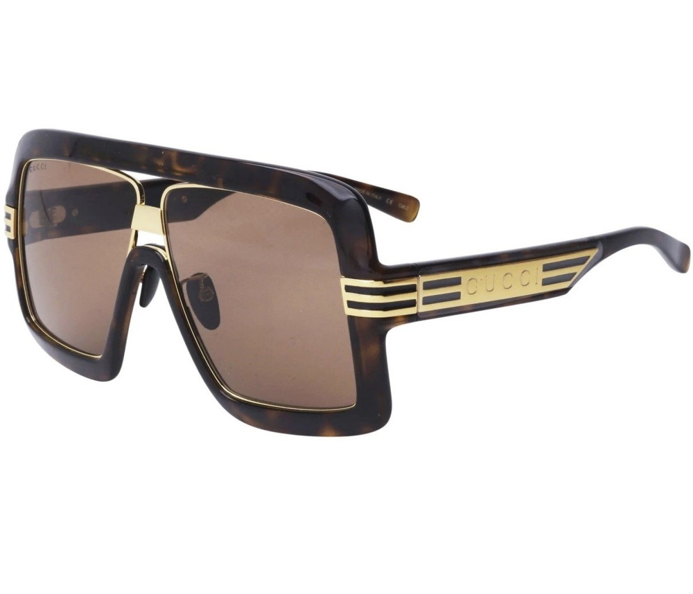 Gucci GG0900S Shield Sunglasses – Brown & Gold oversized fit