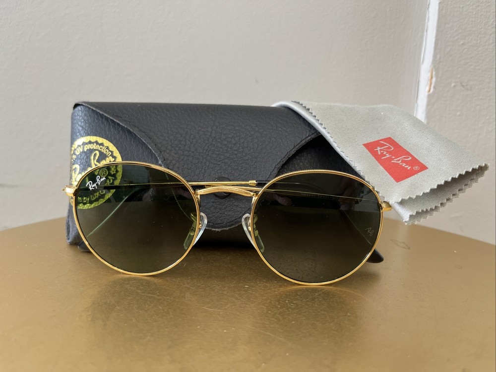 Ray‑Ban RB3447 Round Metal Sunglasses Gold Frame Size 50‑21 — Green Lenses