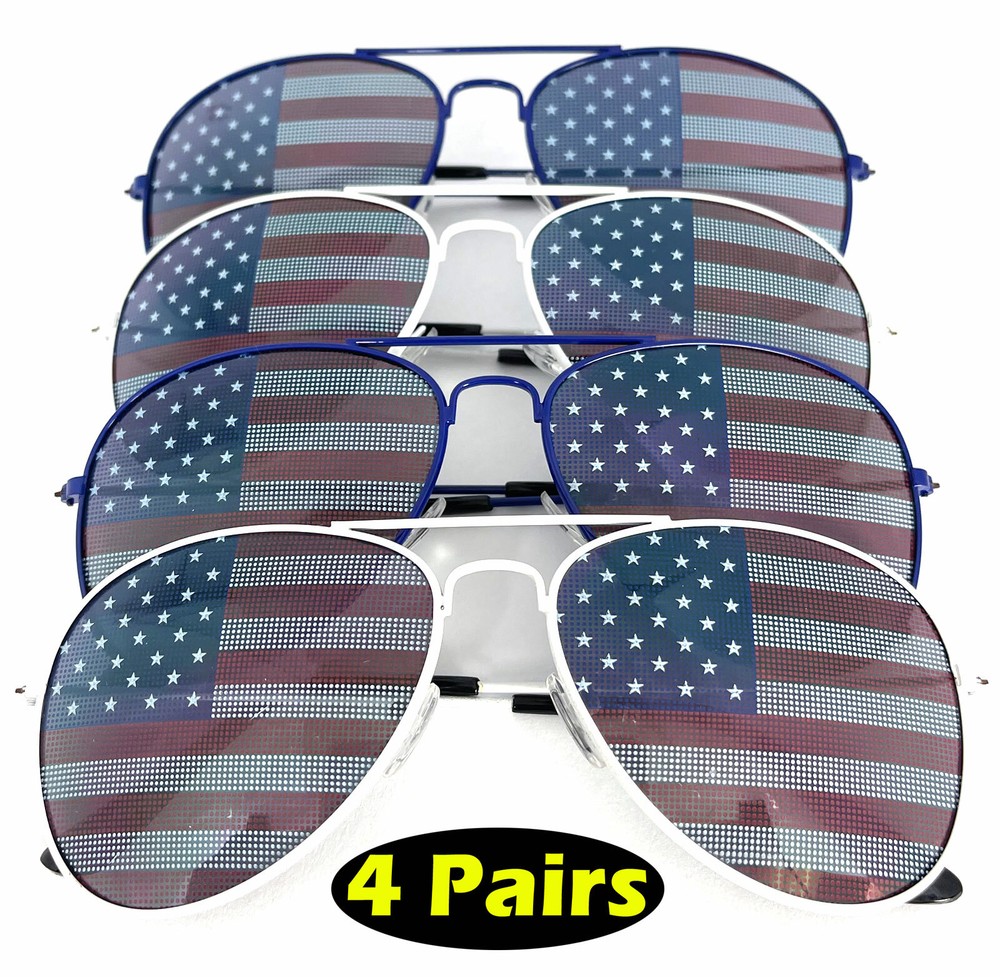 4 PAIRS Pilot Metal Frame USA American Flag Sunglasses United States stars
