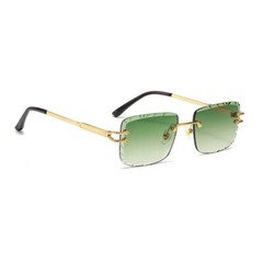 Men’s Rimless Gold Frame Green Gradient Tint Gem Cut Lens Hip Hop Sunglasses​