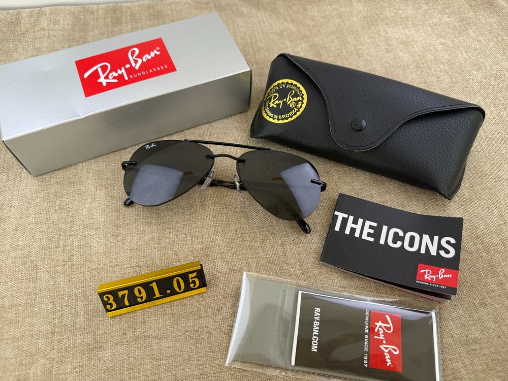 Ray-Ban RB3791 Rimless Aviator Sunglasses, Matte Black Frame, Solid Dark Black