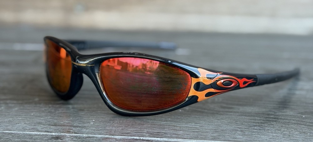 Oakley Straight Jacket Black Orange Flames Gold Iridium Lenses Need Replaced