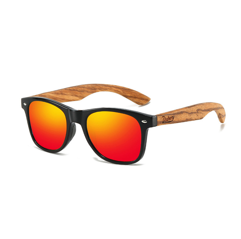 DUBERY Wood Polarized Square Sunglasses Men Women Wooden Temple Classic Glasses