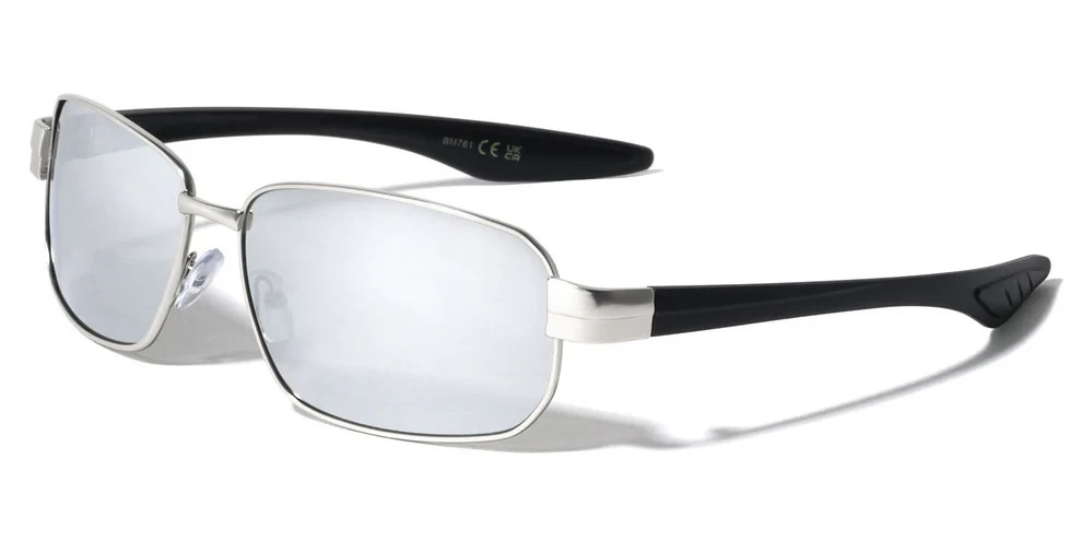 Mens Classic Rectangle Shape Sunglasses Silver Metal Frame Silver Mirror Lens
