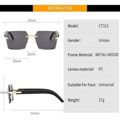 Square Men Sunglasses Rimless Brown Lens Wood Grain Legs Fashion Hip Hop Retro