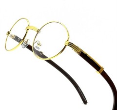Men’s Hip Hop Clear Lens Vintage Oval Gold Frame Retro Wood Grain Glasses