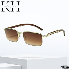 Rimless Sunglasses Rectangle Wood Grain Frame Brown Lens Men Hip Hop Lentes 2026
