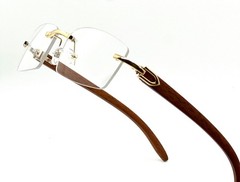 Men’s Vintage Gold Frame Rimless Hip Hop Black Woodgrain Clear Lens Glasses